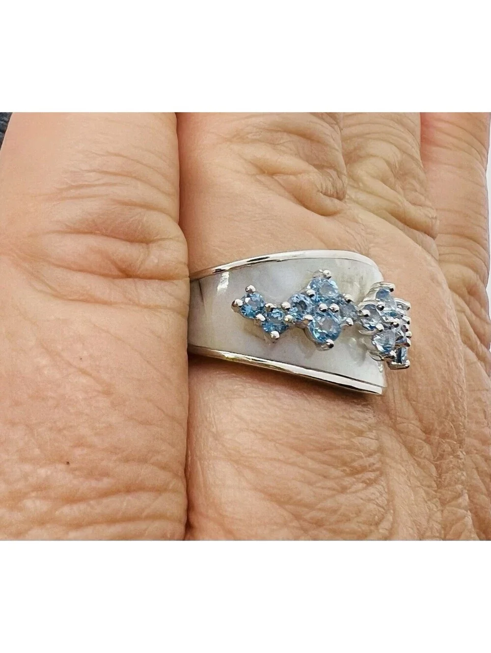 Stauer Pearl Topaz Ring swiss blue silver 925 Sz 7 luxury statement irridescent